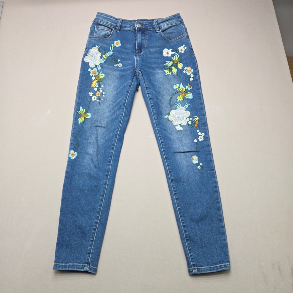 SHEIN Jeans Floral Embroidered Slim Skinny Blue Denim Women Size 28